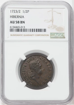 image for: 1723/2 1/2 P Hibernia Halfpenny AU58 NGC. NGC Census: (0/0). PCGS Population: (2/4). ...