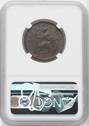 image for: 1723/2 1/2 P Hibernia Halfpenny AU58 NGC. NGC Census: (0/0). PCGS Population: (2/4). ...