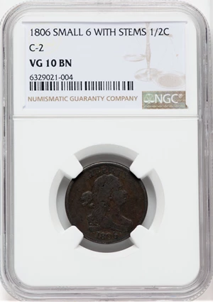 image for: 1806 1/2 C Small 6, Stems, C-2, B-1, R.4, VG10 NGC. NGC Census: (3/18). PCGS Population: (1/16). CDN: $450 Whsle. Bid for N...