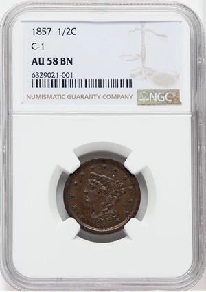 image for: 1857 1/2 C C-1, B-1, R.2, AU58 NGC. NGC Census: (72/375). PCGS Population: (1/13). CDN: $255 Whsle. Bid for NGC/PCGS AU58. ...