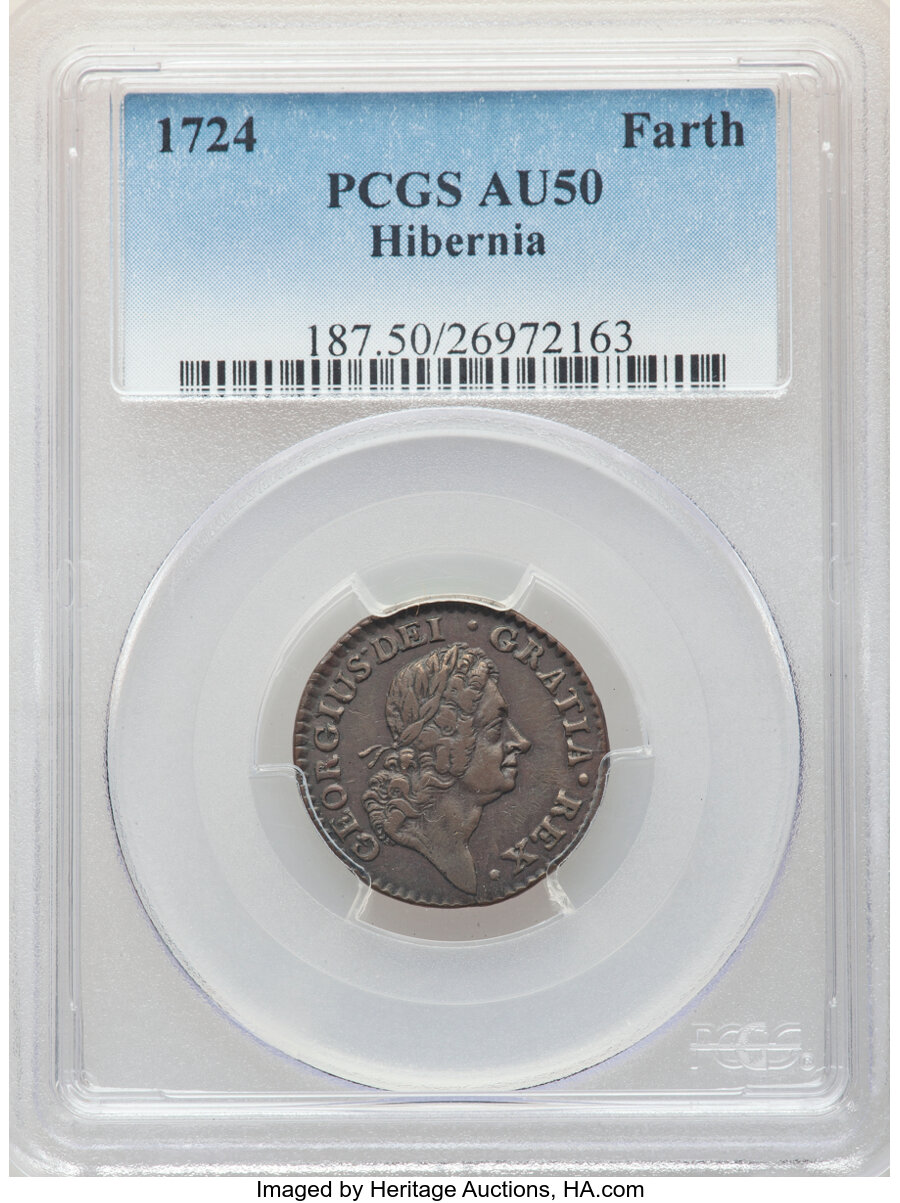 image for: 1724 FARTH Hibernia Farthing AU50 PCGS. PCGS Population: (3/12). NGC Census: (0/0). CDN: $1,000 Whsle. Bid for NGC/PCGS AU5...