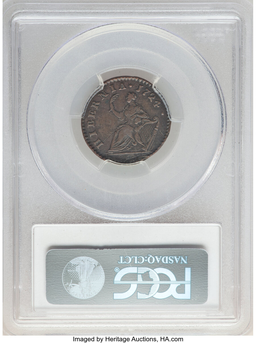 image for: 1724 FARTH Hibernia Farthing AU50 PCGS. PCGS Population: (3/12). NGC Census: (0/0). CDN: $1,000 Whsle. Bid for NGC/PCGS AU5...