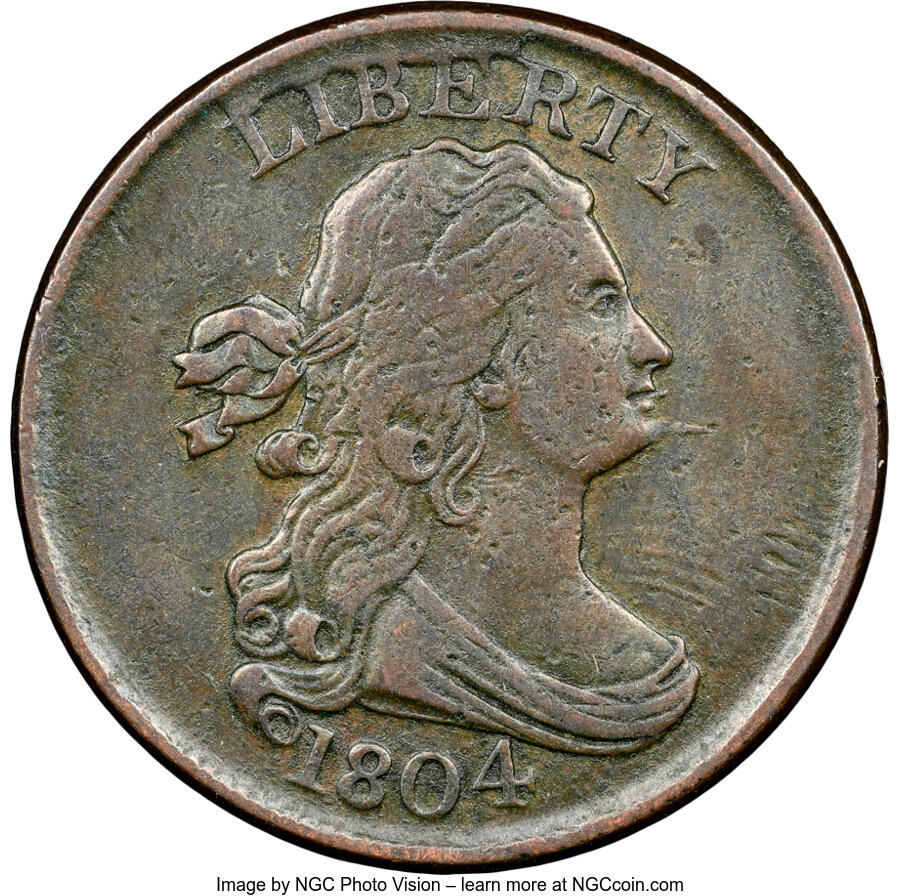 image for: 1804 1/2 C Spiked Chin, C-6, B-6, R.2, XF40 NGC. NGC Census: (29/229). PCGS Population: (5/25). CDN: $495 Whsle. Bid for NG...