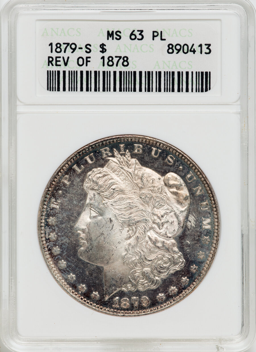 image for: 1879-S $1 Reverse of 1878 MS63 Prooflike ANACS.  Mintage 9,110,000. ...