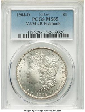 image for: 1904-O $1 VAM-4B, Fish Hook, MS65 PCGS. Hit List Variety. PCGS Population: (27/5). NGC Census: (0/0). CDN: $440 Whsle. Bid ...