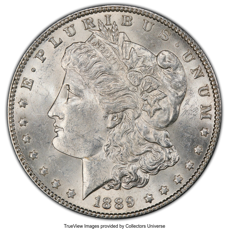 image for: 1889 $1 VAM-5A, Pitted Reverse MS62 PCGS. Hit List Variety. PCGS Population: (9/23 and 0/0+). NGC Census: (0/0 and 0/0+). M...