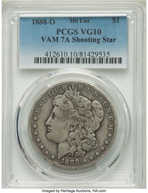 image for: 1888-O $1 Shooting Star, VAM-7A, Hit List 40, VG10 PCGS. Hit List Variety. PCGS Population: (4/73). NGC Census: (1/19). VG1...