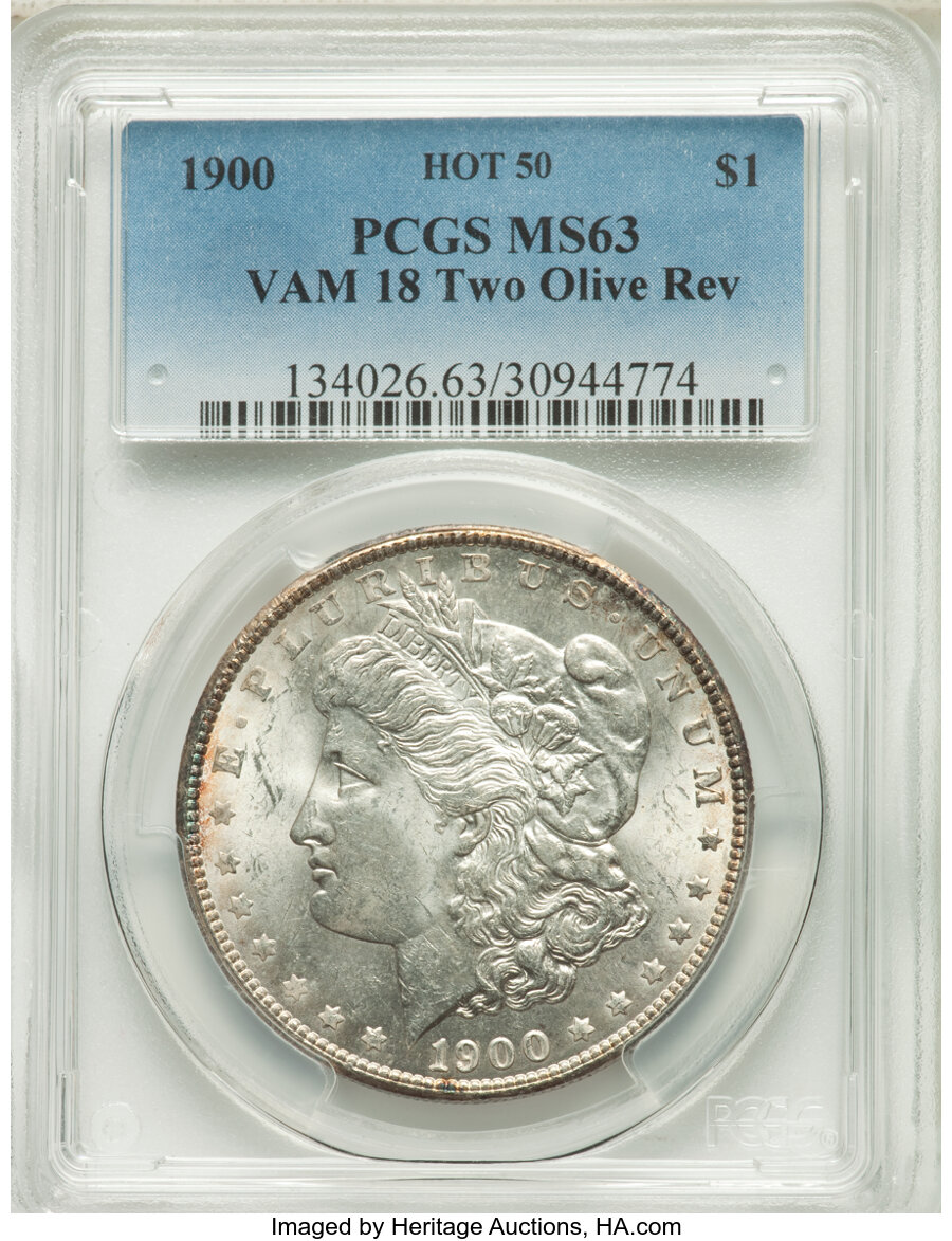 image for: 1900 $1 Two Olive Reverse, VAM-18, MS63 PCGS. Hot 50 Variety. PCGS Population: (20/20). NGC Census: (0/0). MS63. ...