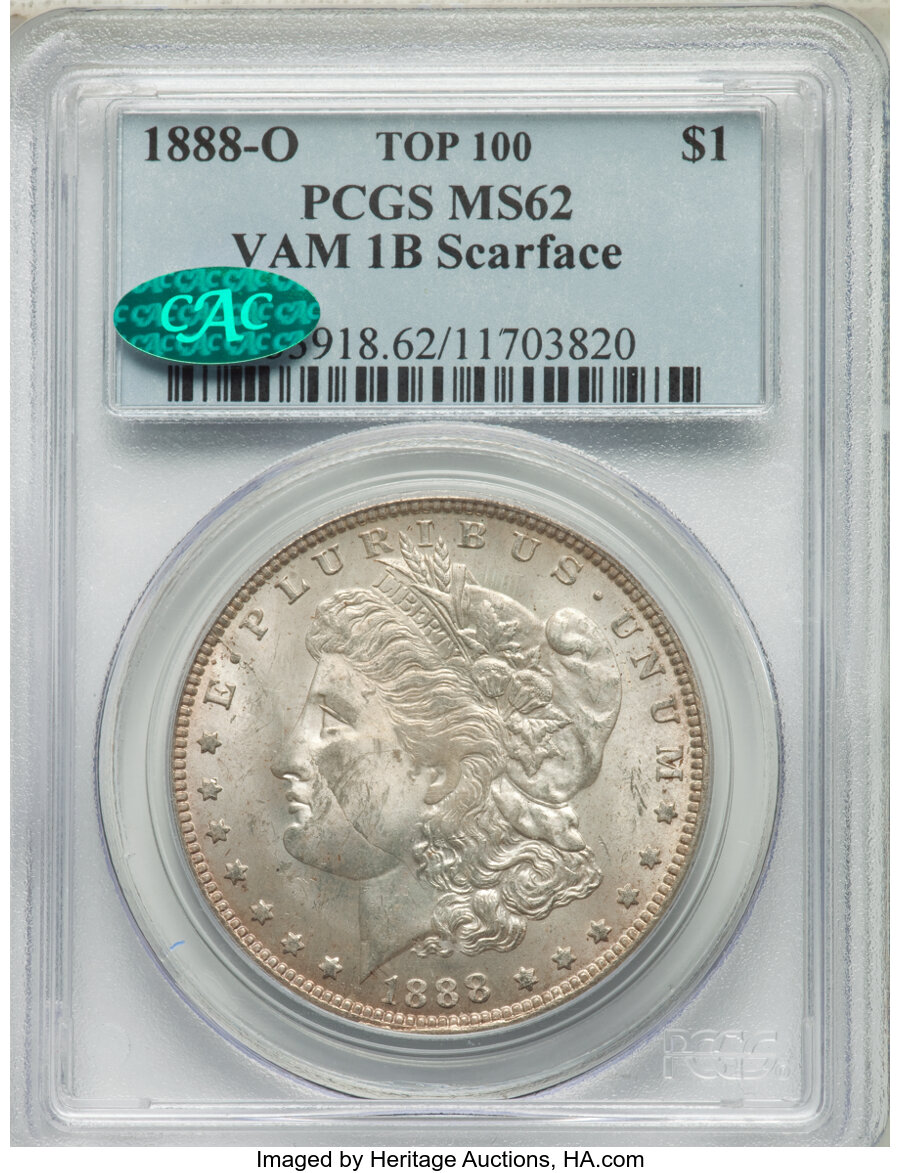 image for: 1888-O $1 Scarface, VAM-1B, MS62 PCGS. CAC. Top 100 Variety. PCGS Population: (39/18). NGC Census: (0/0). CDN: $3,100 Whsle...