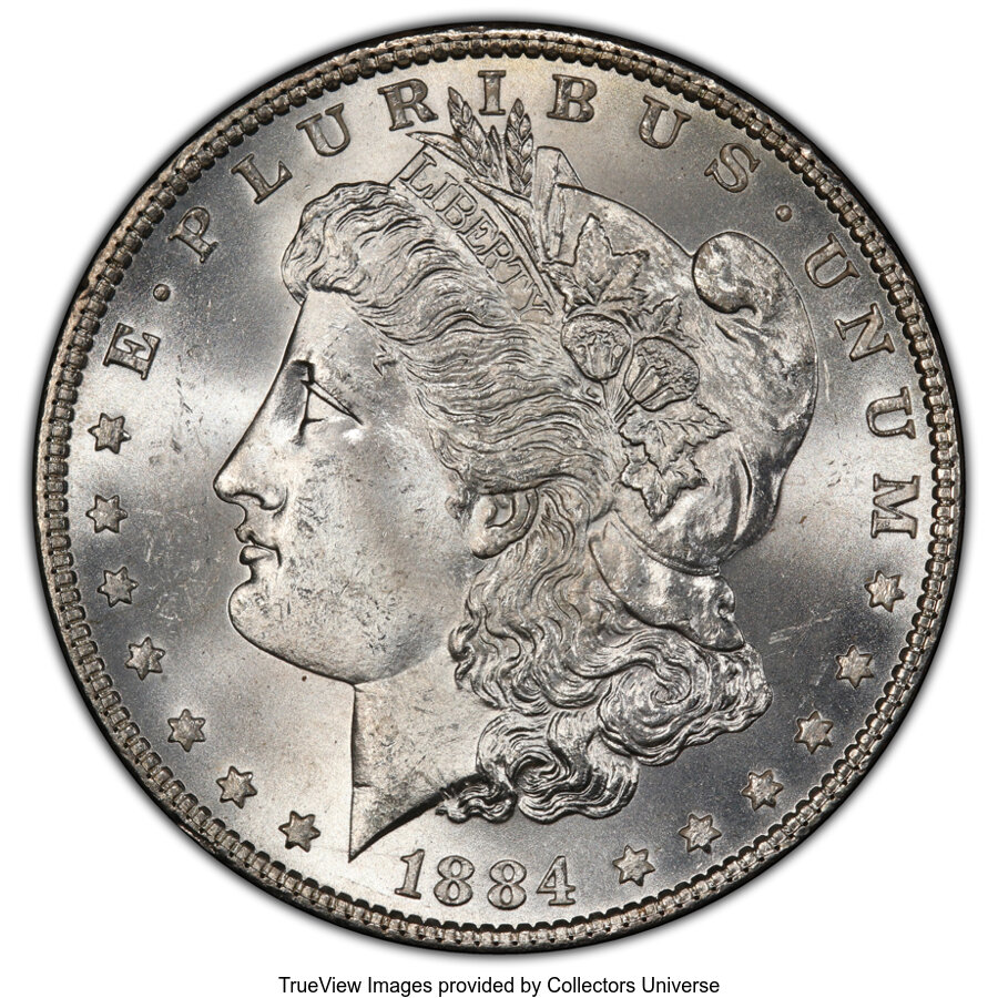 image for: 1884 $1 Small Dot, VAM-4, MS64 PCGS. Top 100 Variety. PCGS Population: (19/6 and 0/1+). NGC Census: (35/5 and 0/0+). CDN: $...