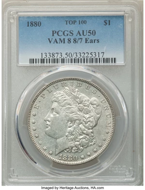 image for: 1880 $1 8/7 Ears, VAM-8, AU50 PCGS. Top 100 Variety. PCGS Population: (6/17). NGC Census: (4/5). AU50. ...