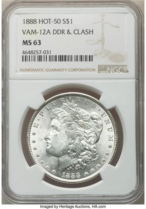 image for: 1888 $1 Doubled Reverse & Clash, VAM-12A, MS63 NGC. Hot 50 Variety. NGC Census: (0/0). PCGS Population: (43/34). CDN: $125 ...