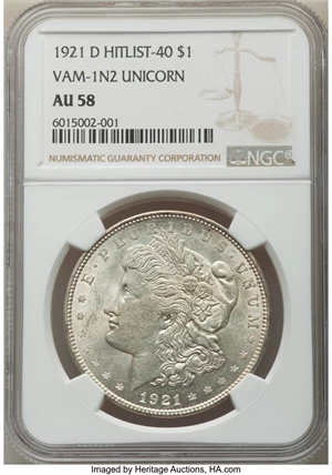 image for: 1921-D $1 Unicorn, VAM-1N2, AU58 NGC. Hit List-40 Variety. NGC Census: (0/0). PCGS Population: (17/46). CDN: $65 Whsle. Bid...