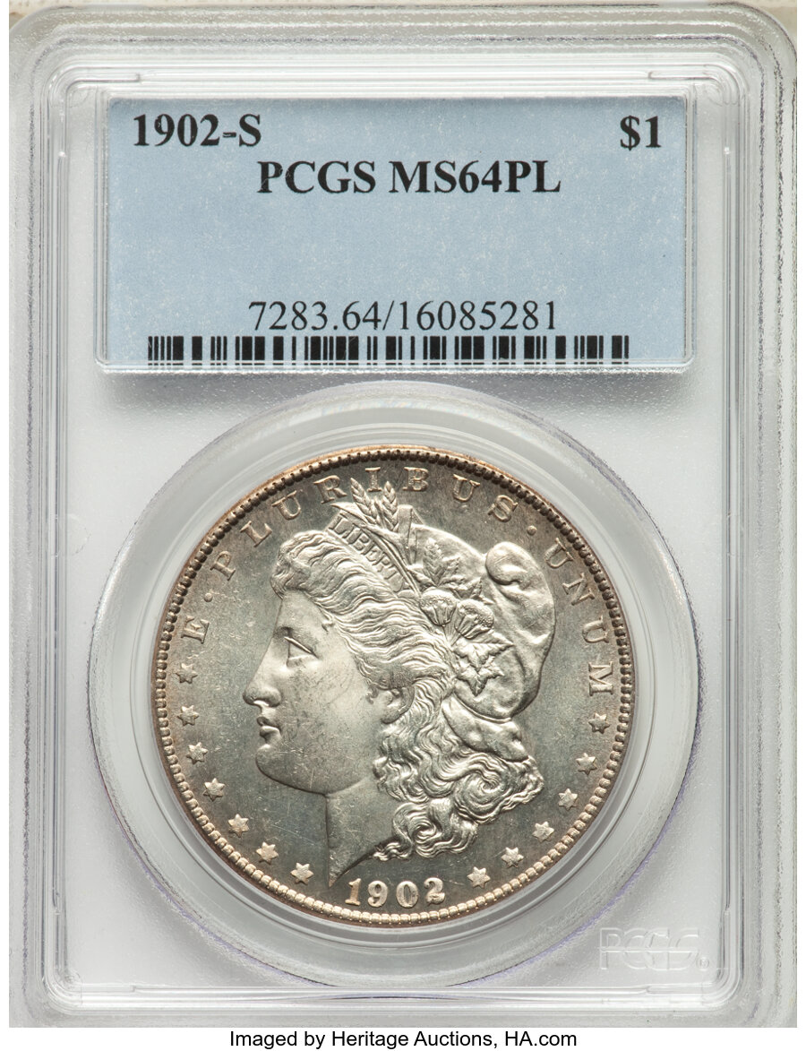 image for: 1902-S $1 MS64 Prooflike PCGS. PCGS Population: (11/1). NGC Census: (3/1). CDN: $3,800 Whsle. Bid for NGC/PCGS MS64. Mintag...
