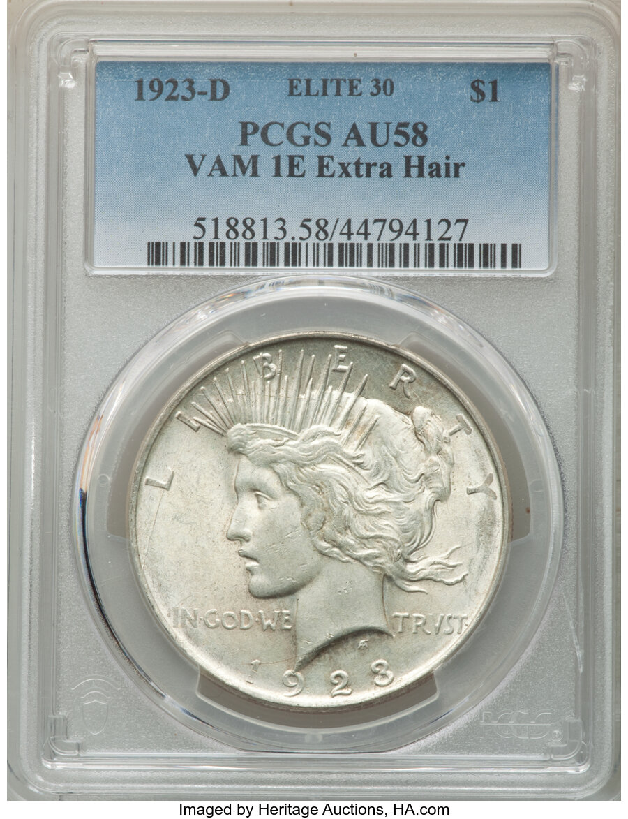 image for: 1923-D $1 VAM 1E, Extra Hair AU58 PCGS. Elite 30. PCGS Population: (2/9). NGC Census: (0/0). CDN: $155 Whsle. Bid for NGC/P...