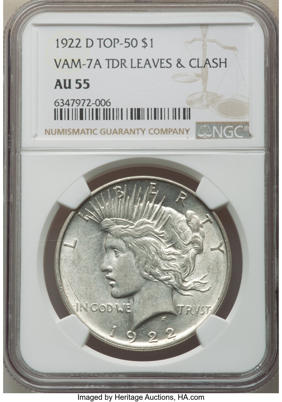 image for: 1922-D $1 Tripled Die Reverse, Leaves & Cash, VAM-7, AU55 NGC. Top 50 Variety. NGC Census: (0/0). PCGS Population: (6/35). ...