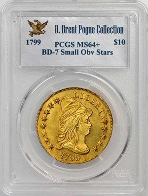 image for: 1799 Capped Bust Right Eagle. Bass Dannreuther-7. Rarity-3. Small Obverse Stars. Mint State-64+ (PCGS).