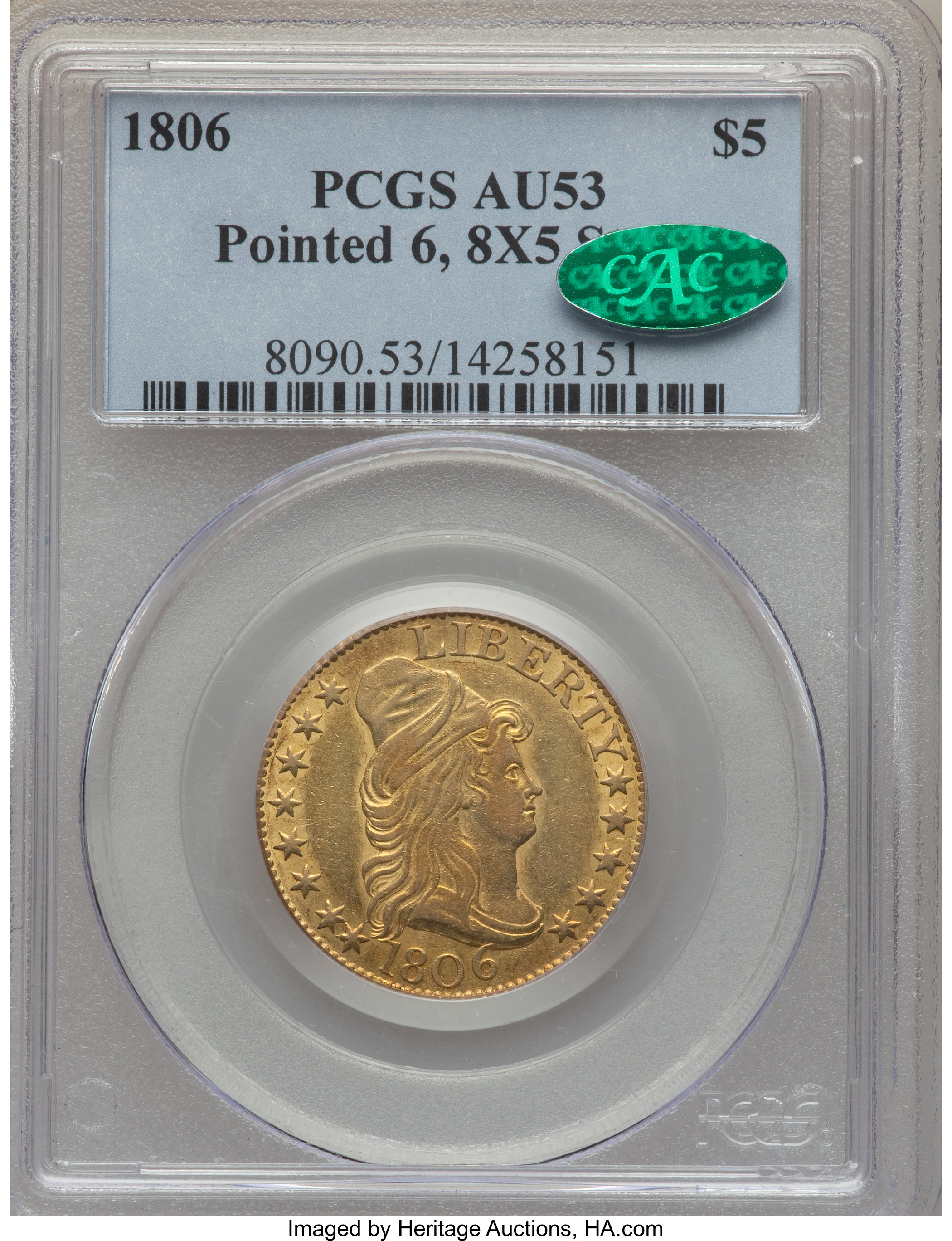 image for: 1806 $5 Pointed 6, 8x5 Stars, BD-1, R.4, AU53 PCGS. CAC....