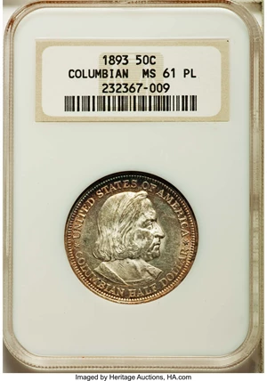 image for: 1893 50C Columbian MS61 Prooflike NGC. NGC Census: (8/193). PCGS Population (0/0). Mintage: 1,550,405. ...