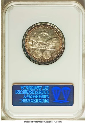 image for: 1893 50C Columbian MS61 Prooflike NGC. NGC Census: (8/193). PCGS Population (0/0). Mintage: 1,550,405. ...