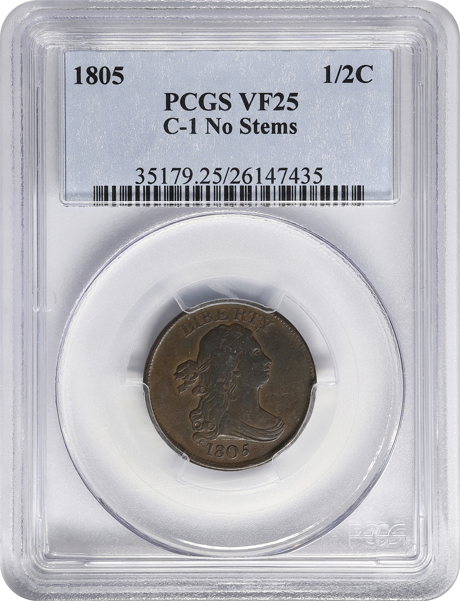 image for: 1805 Draped Bust Half Cent. C-1. Medium 5, Stemless Wreath. VF-25 (PCGS).