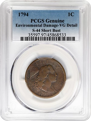 image for: 1794 Liberty Cap Cent. S-44. Head of 1794, Short Bust. VG Details--Environmental Damage (PCGS).