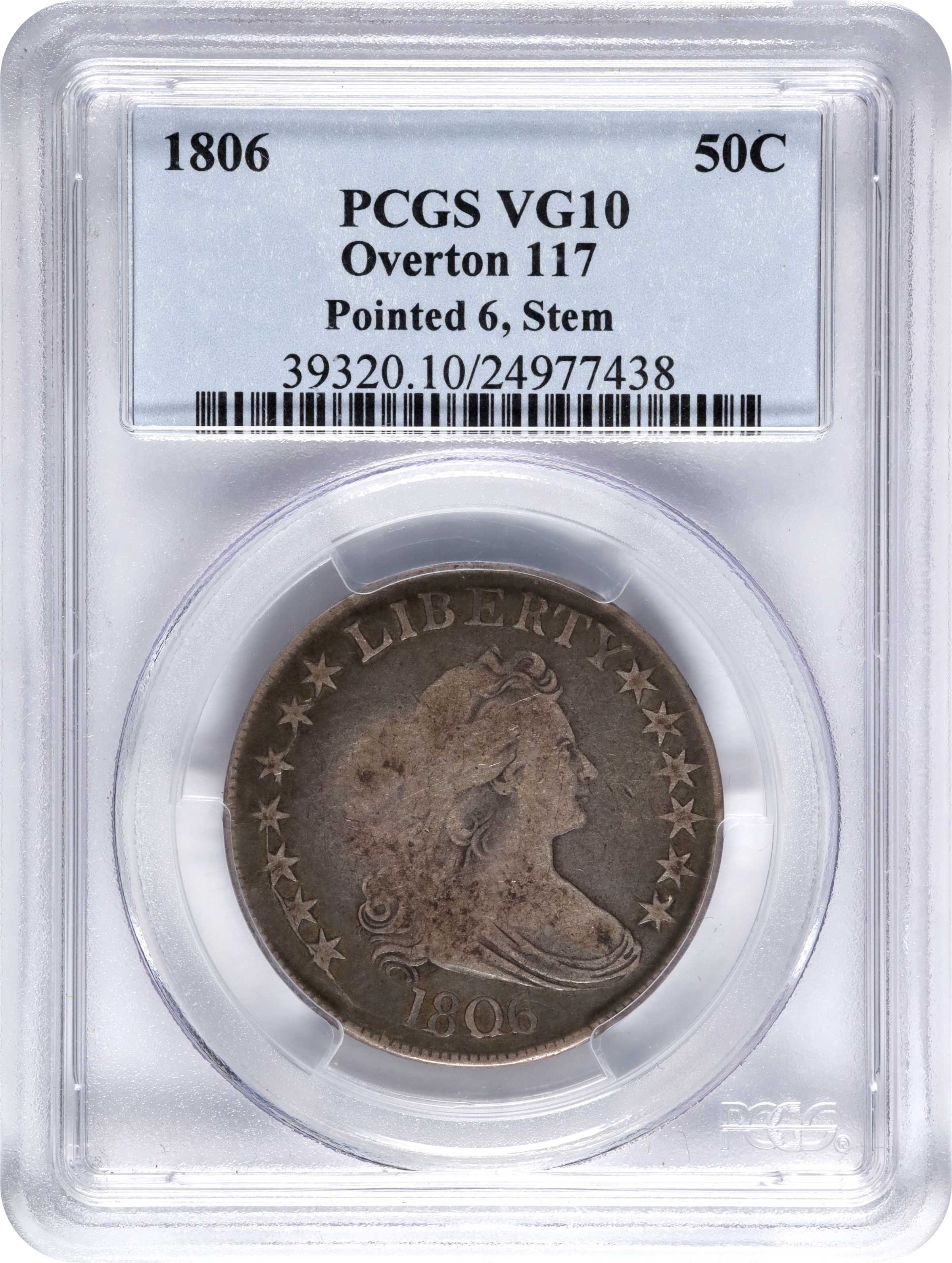 image for: 1806 Draped Bust Half Dollar. O-117. Pointed 6, Stem Through Claw. VG-10 (PCGS).