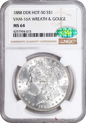image for: 1888 Morgan Silver Dollar. VAM-16A. Hot 50 Variety. Doubled Die Reverse, Wreath & Gouge. MS-64 (NGC). CAC.