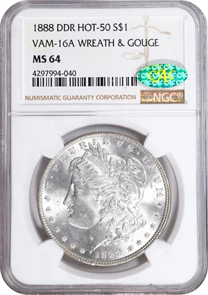 image for: 1888 Morgan Silver Dollar. VAM-16A. Hot 50 Variety. Doubled Die Reverse, Wreath & Gouge. MS-64 (NGC). CAC.