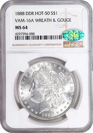 image for: 1888 Morgan Silver Dollar. VAM-16A. Hot 50 Variety. Doubled Die Reverse, Wreath & Gouge. MS-64 (NGC). CAC.