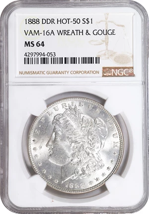 image for: 1888 Morgan Silver Dollar. VAM-16A. Hot 50 Variety. Doubled Die Reverse, Wreath & Gouge. MS-64 (NGC).