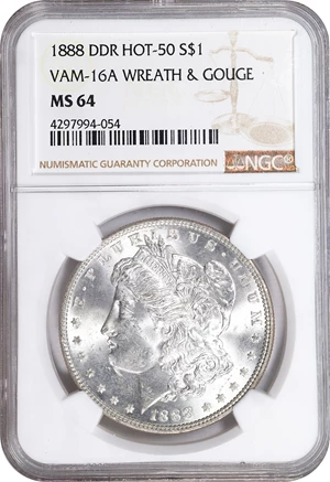 image for: 1888 Morgan Silver Dollar. VAM-16A. Hot 50 Variety. Doubled Die Reverse, Wreath & Gouge. MS-64 (NGC).