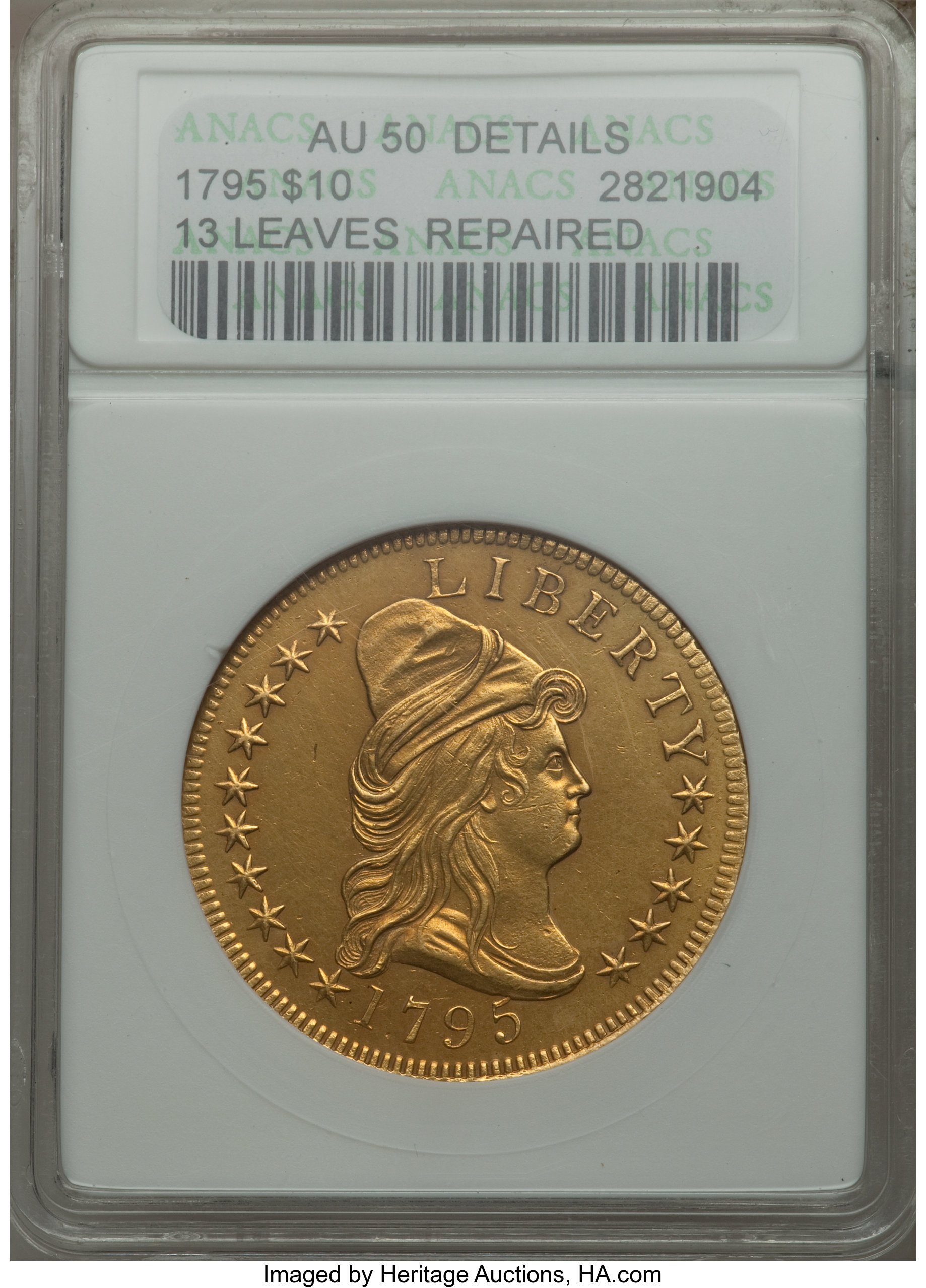 image for: 1795 $10 13 Leaves, BD-2, High R.4 -- Repaired -- ANACS. AU50 Details....
