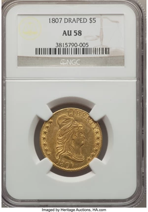 image for: 1807 $5 Bust Right, BD-6, High R.4, AU58 NGC....