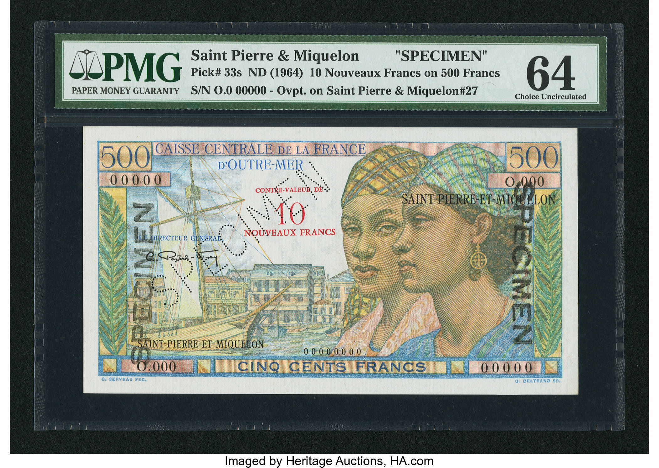 image for: Saint Pierre and Miquelon  10 nouveaux francs on 500 francs(B519as)
