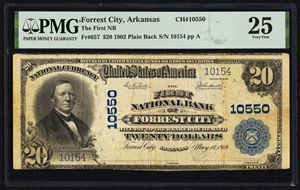 image for: Forrest City, AR - $20 1902 Plain Back Fr. 657 The First National Bank Ch. # 10550 PMG Very Fine 25....