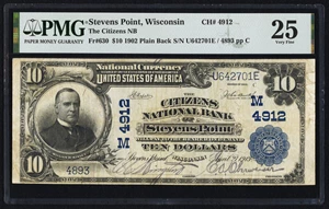 image for: Stevens Point, WI - $10 1902 Plain Back Fr. 630 The Citizens National Bank Ch. # (M)4912 PMG Very Fine 25....