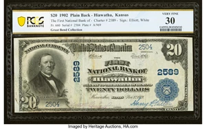 image for: Hiawatha, KS - $20 1902 Plain Back Fr. 660 The First National Bank Ch. # 2589 PCGS Banknote Very Fine 30....