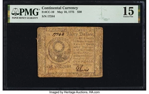 image for: Continental Currency May 10, 1775 $30 PMG Choice Fine 15....