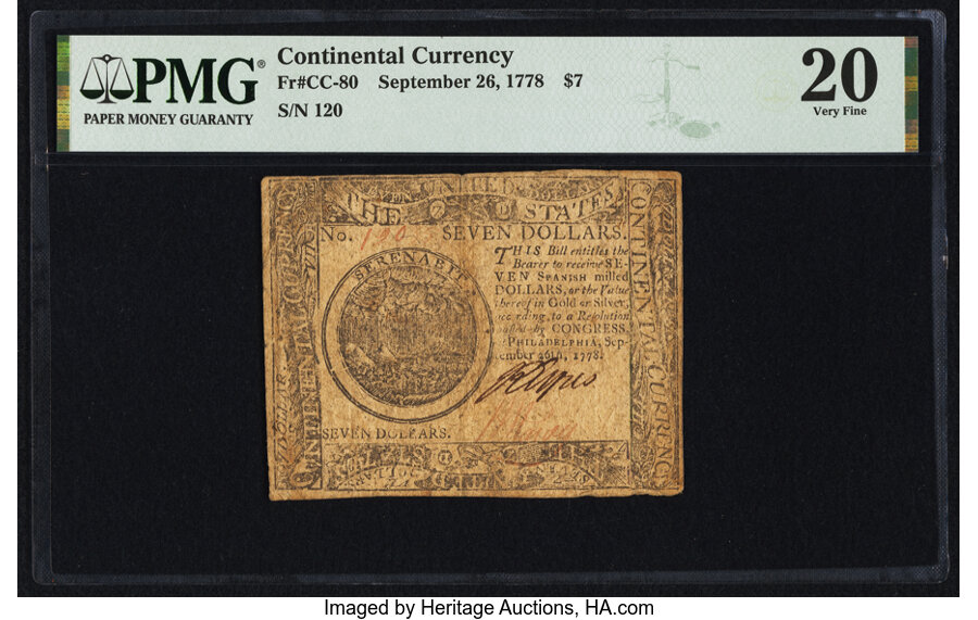 image for: Continental Currency September 26, 1778 $7 PMG Very Fine 20....