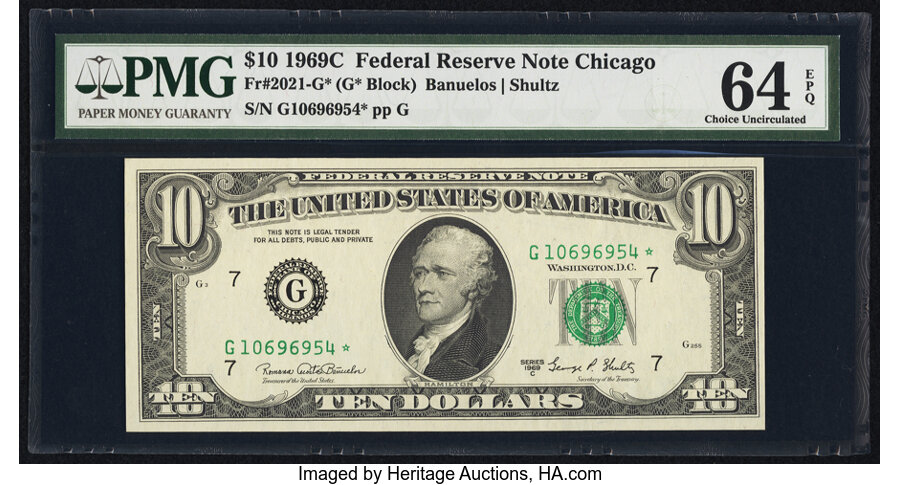 image for: Fr. 2021-G* $10 1969C Federal Reserve Star Note. PMG Choice Uncirculated 64 EPQ....