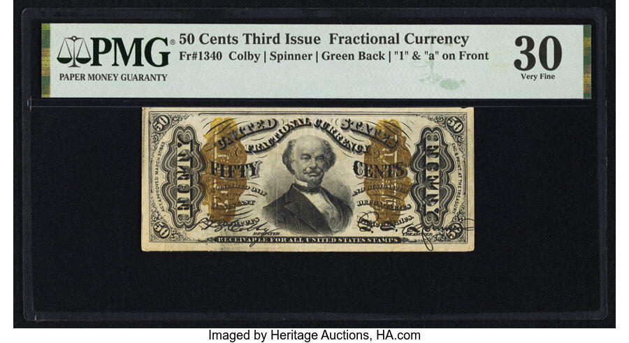 image for: Misaligned Back Printing Error Fr. 1340 50¢ Third Issue Spinner Type II PMG Very Fine 30....