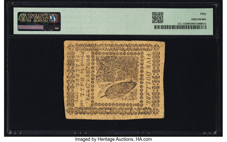 image for: Continental Currency November 29, 1775 $5 PMG About Uncirculated 50....