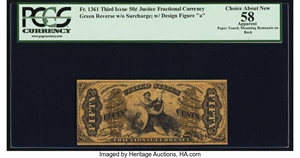 image for: Fr. 1361 50¢ Third Issue Justice PCGS Apparent Choice About New 58....