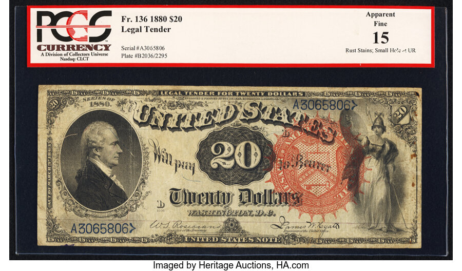 image for: Fr. 136 $20 1880 Legal Tender PCGS Apparent Fine 15....