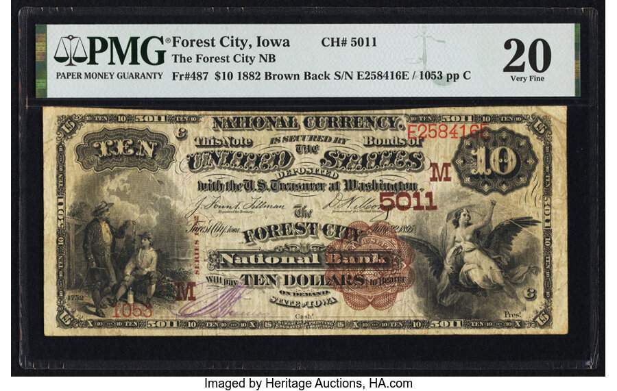 image for: Forest City, IA - $10 1882 Brown Back Fr. 487 The Forest City National Bank Ch. # (M)5011 PMG Very Fine 20....