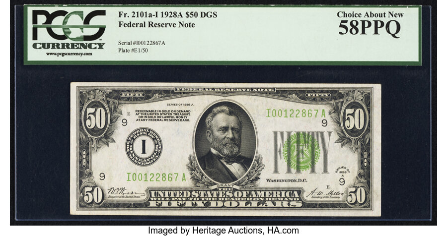 image for: Fr. 2101-I $50 1928A Federal Reserve Note. PCGS Choice About New 58PPQ....