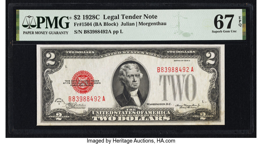 image for: Fr. 1504 $2 1928C Legal Tender Note. PMG Superb Gem Unc 67 EPQ....
