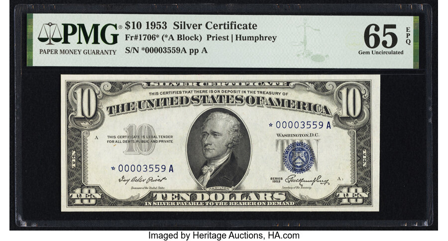 image for: Low Serial Number 3559 Fr. 1706* $10 1953 Silver Certificate Star. PMG Gem Uncirculated 65 EPQ....