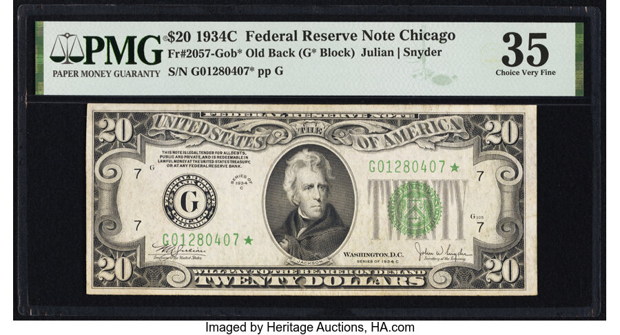 image for: Fr. 2057-G* $20 1934C Old Back Federal Reserve Star Note. PMG Choice Very Fine 35....